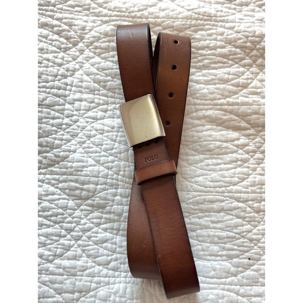 Polo Ralph Lauren Vintage Mens Brown Leather Belt Silver Plaque Buckle 42 Preppy